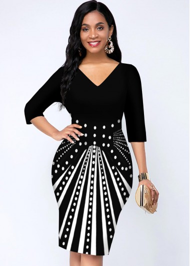 Rosewe Wedding Guest Dress Geometric Print Three Quarters Sleeve V Neck Dress - M