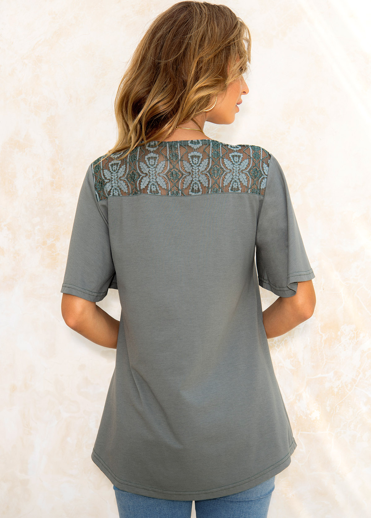 Fold Round Neck Lace Stitching T Shirt 