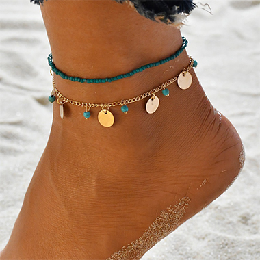 Metal Detail Beads Design Turquoise Anklet Set