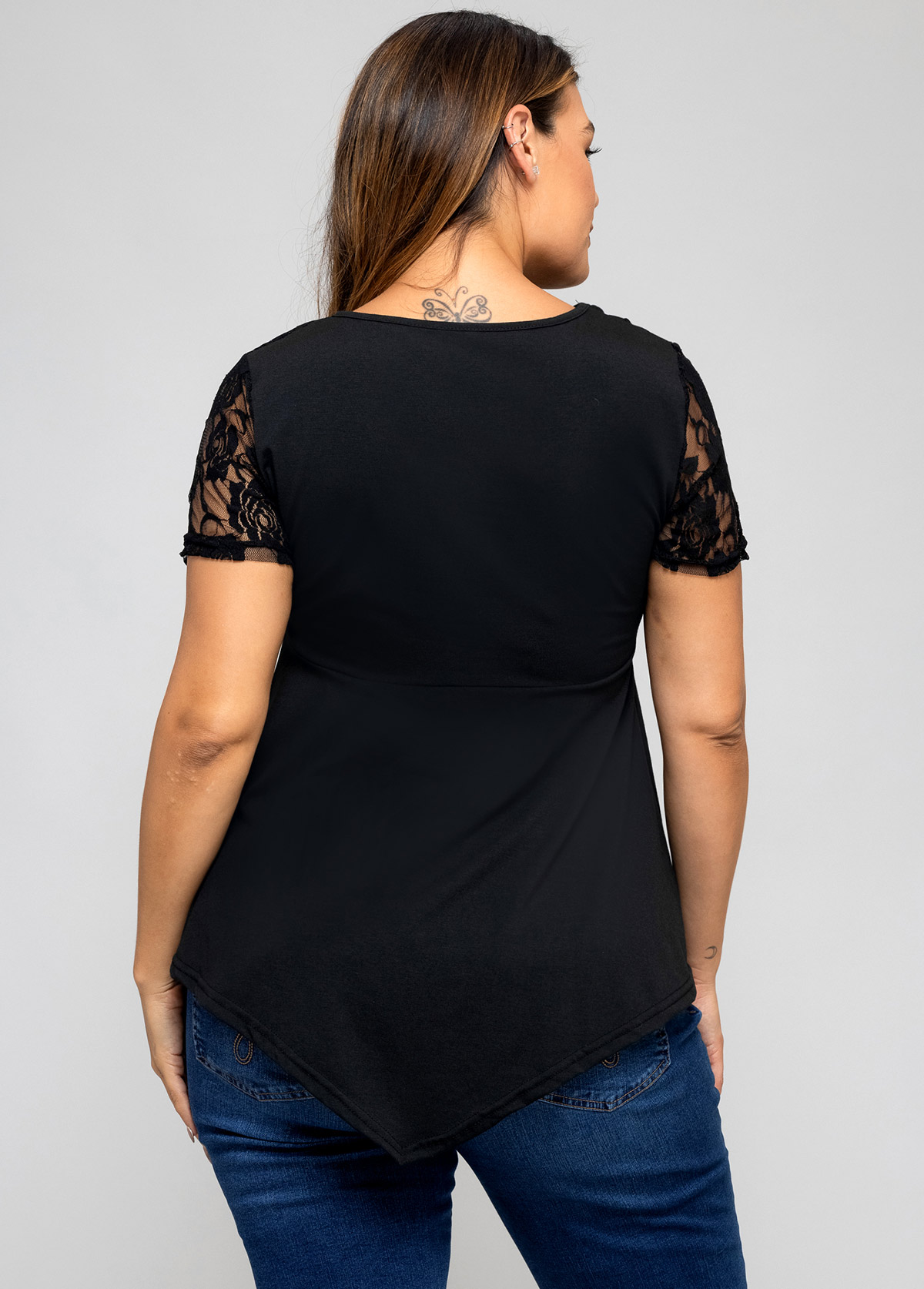 Lace Stitching Asymmetric Hem Plus Size T Shirt