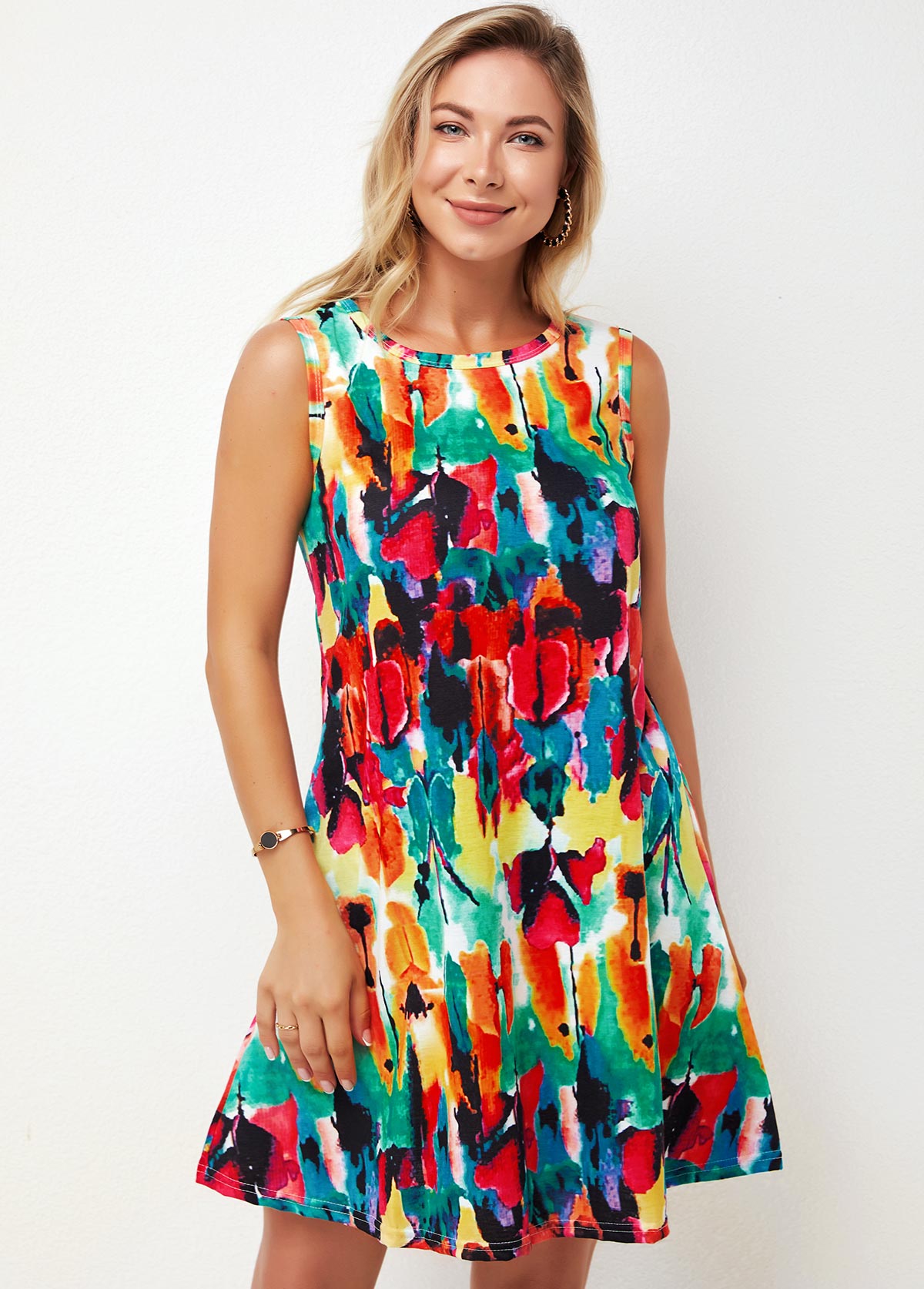 Printed Multi Color Round Neck A Line Dress