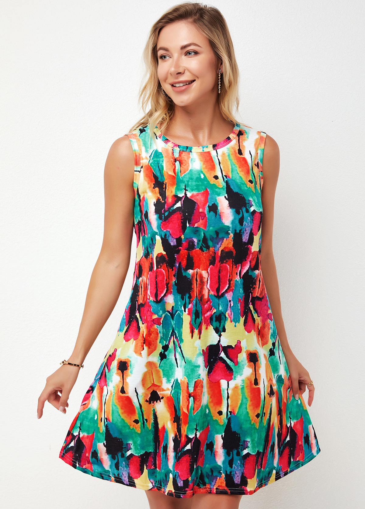 Printed Multi Color Round Neck A Line Dress