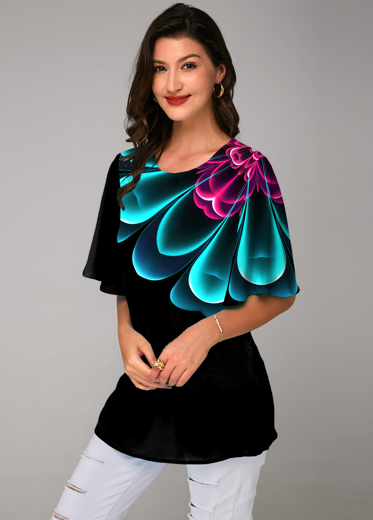 Round Neck Colorful Printed Ruffle Sleeve T Shirt