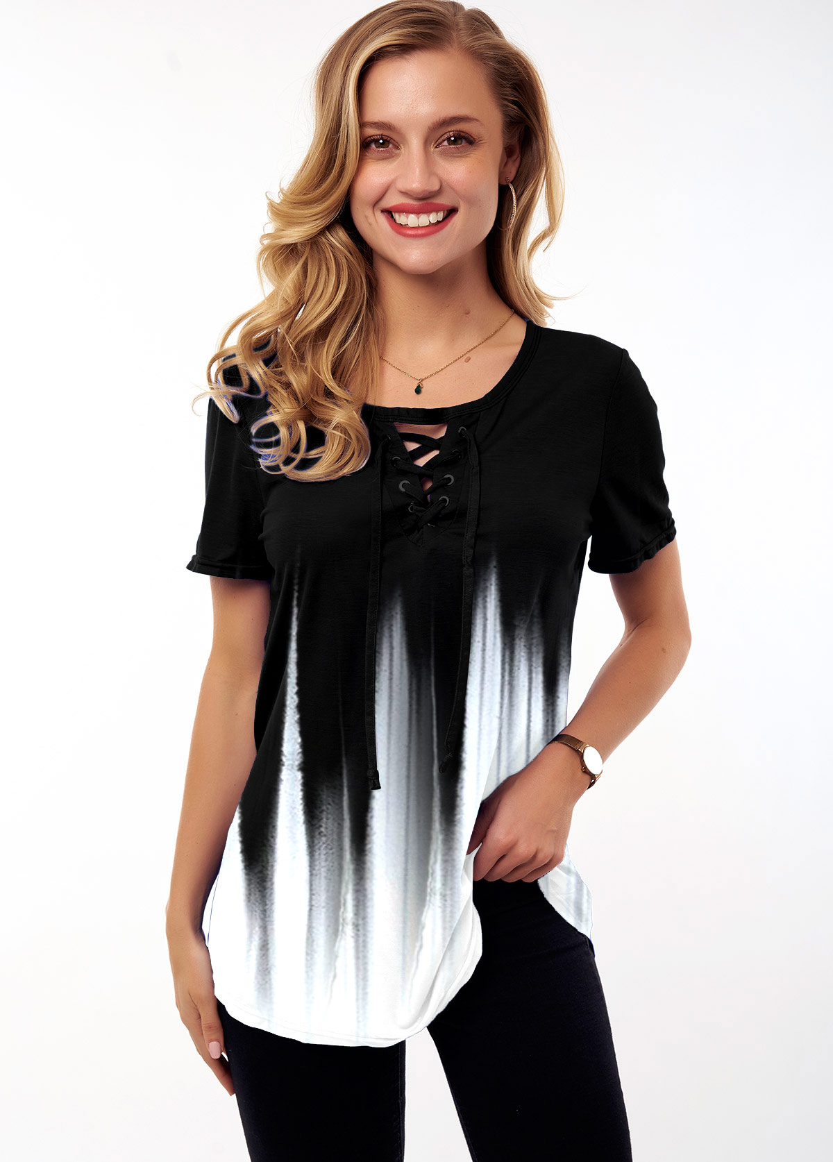 Short Sleeve Ombre Lace Up T Shirt