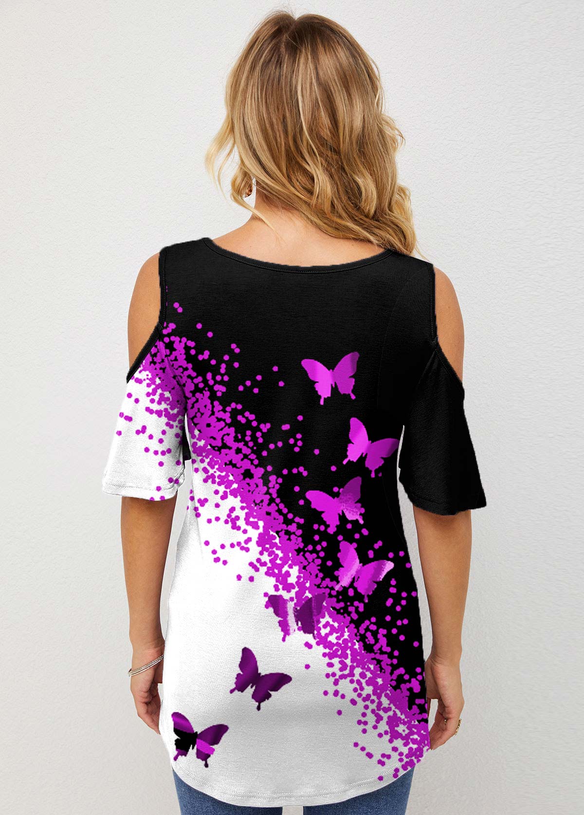 Cold Shoulder Butterfly Print Contrast T Shirt