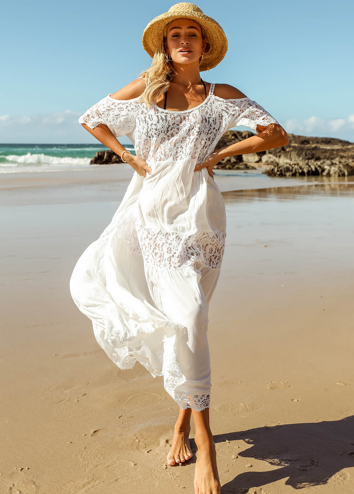 Lace Stitching Solid Cold Shoulder Beach Dress
