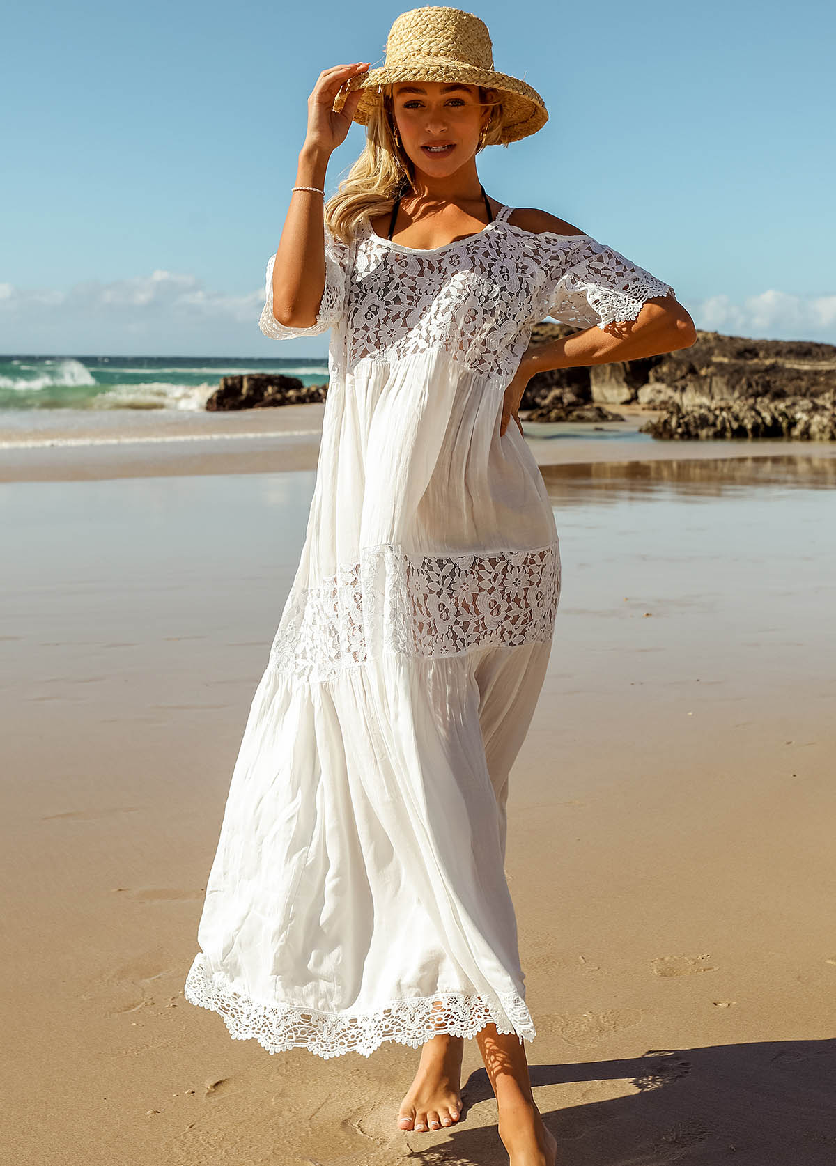 Lace Stitching Solid Cold Shoulder Beach Dress