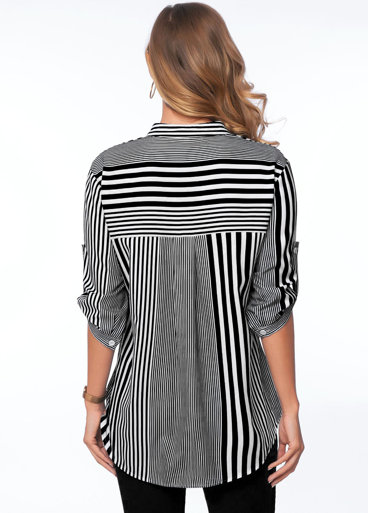 Striped Pocket Turndown Collar 3/4 Sleeve Blouse