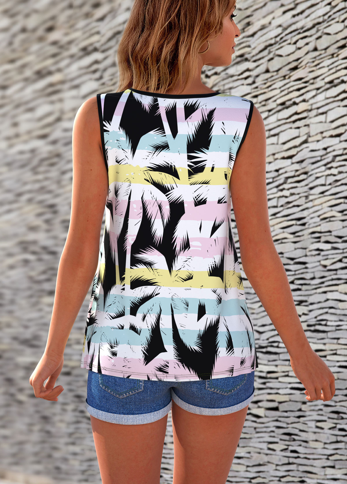 Rainbow Stripe Cross Strap Tropical Print Tank Top