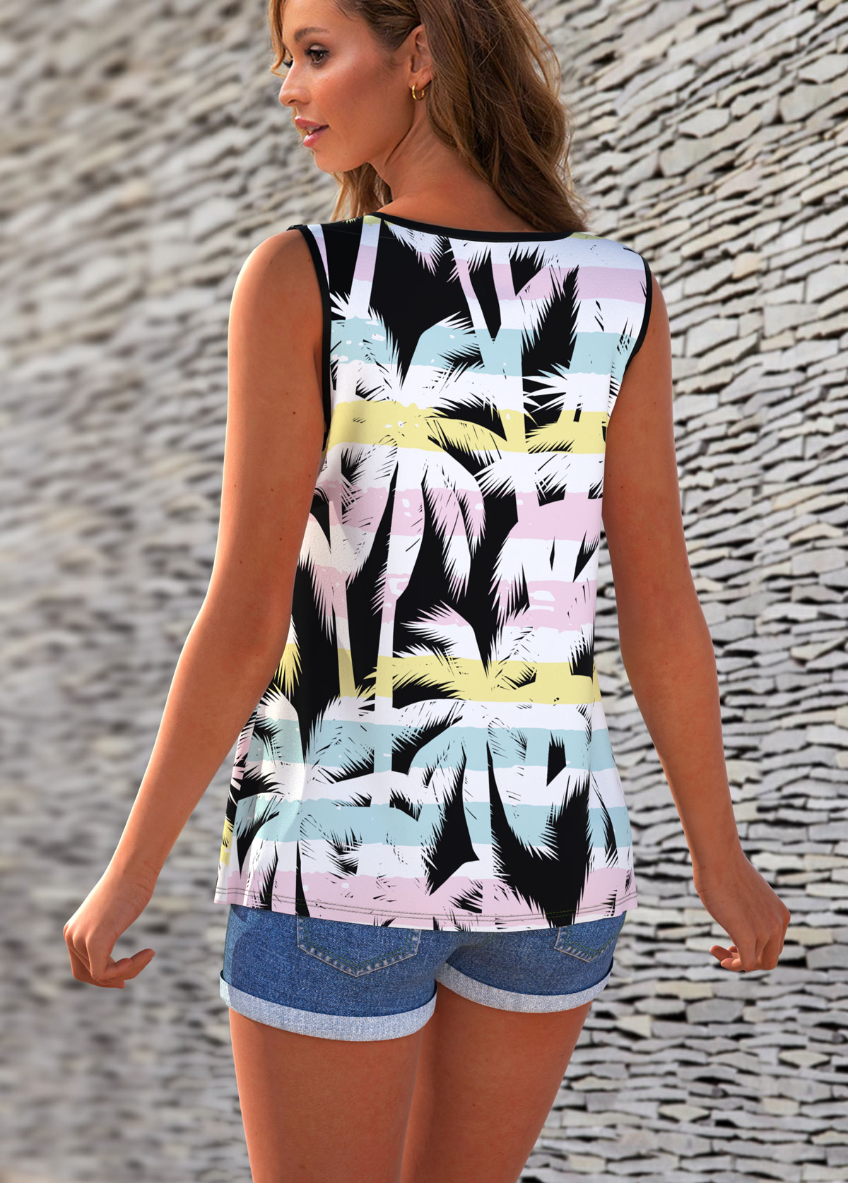 Rainbow Stripe Cross Strap Tropical Print Tank Top