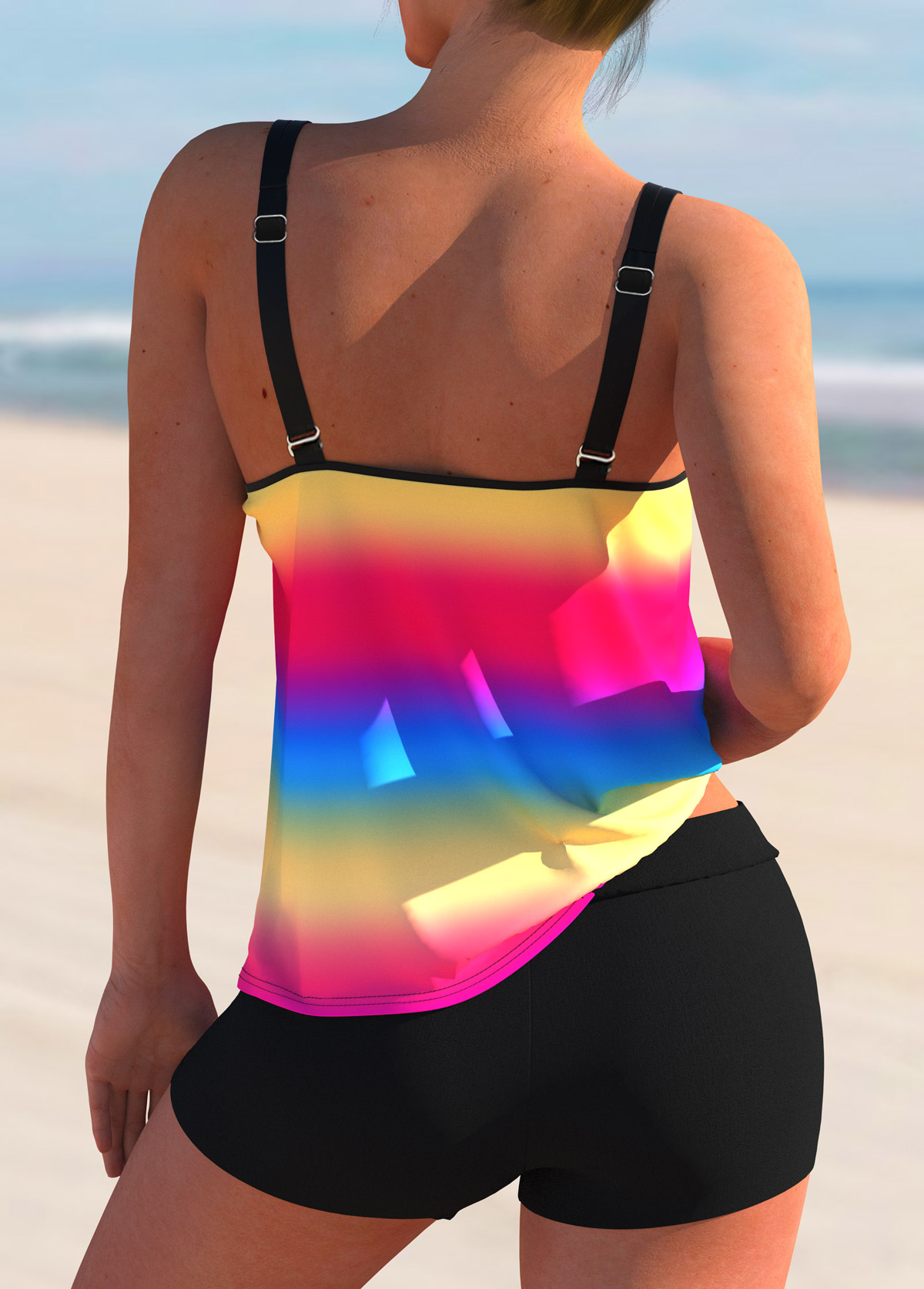 Double Straps Rainbow Color Printed Tankini Set 