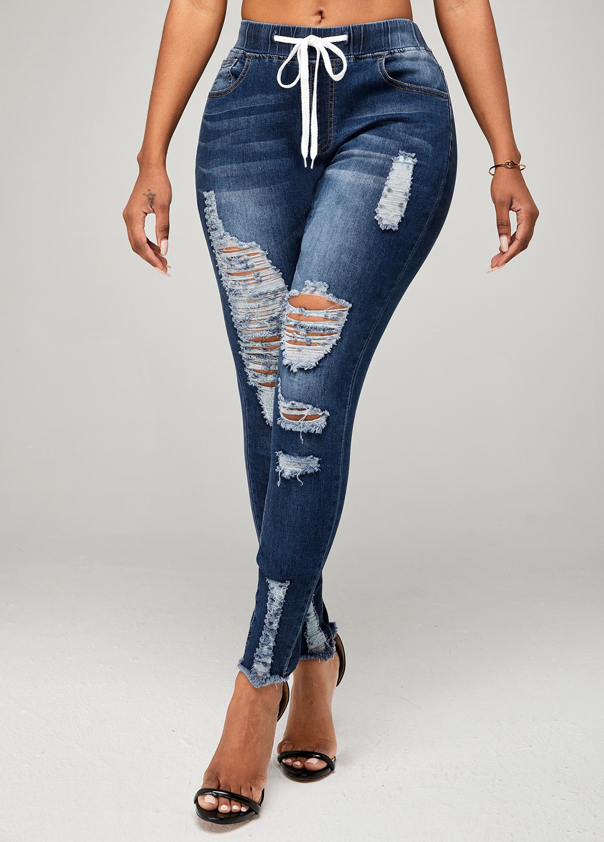 Drawstring Detail Shredded Skinny Mid Waist Jeans