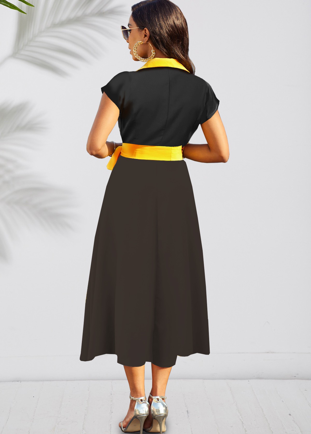 Geometric Print Belted Short Sleeve Turndown Collar Dress