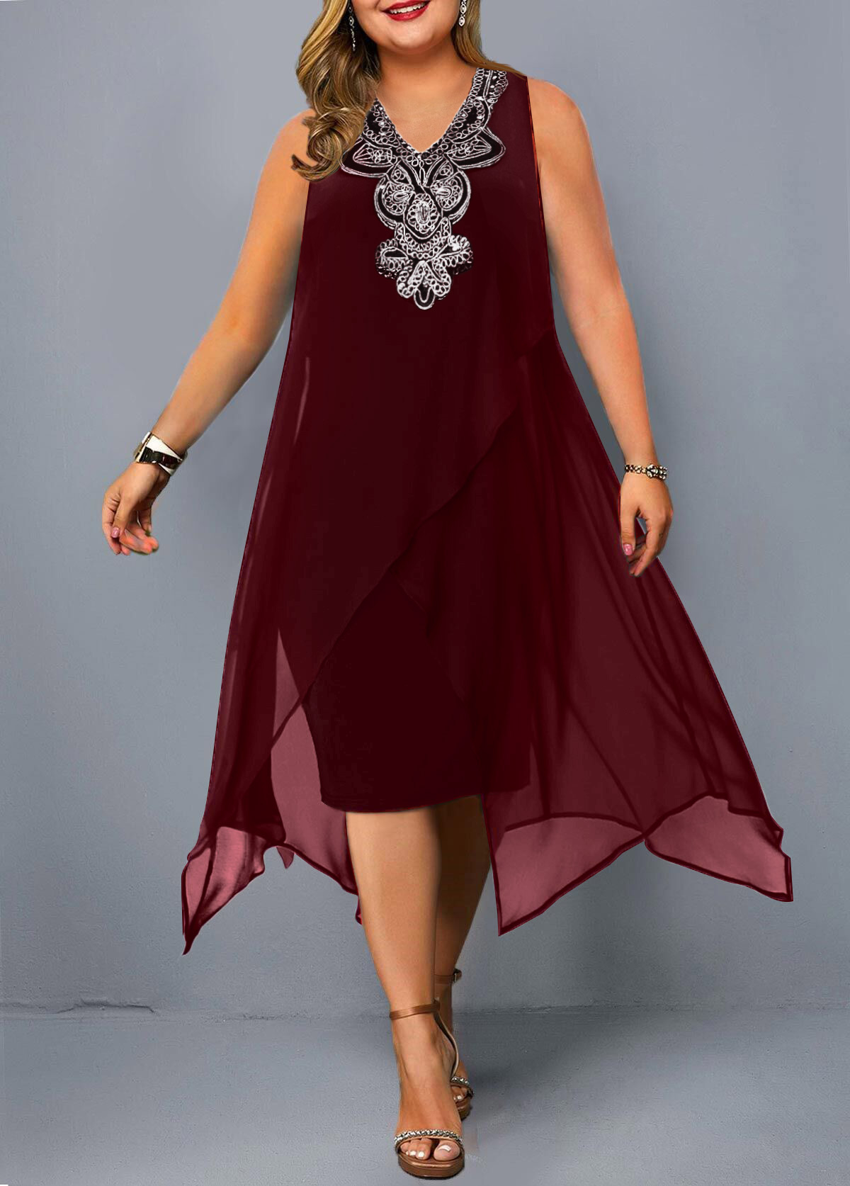 Asymmetric Hem Embellished Neck Sleeveless Plus Size Dress