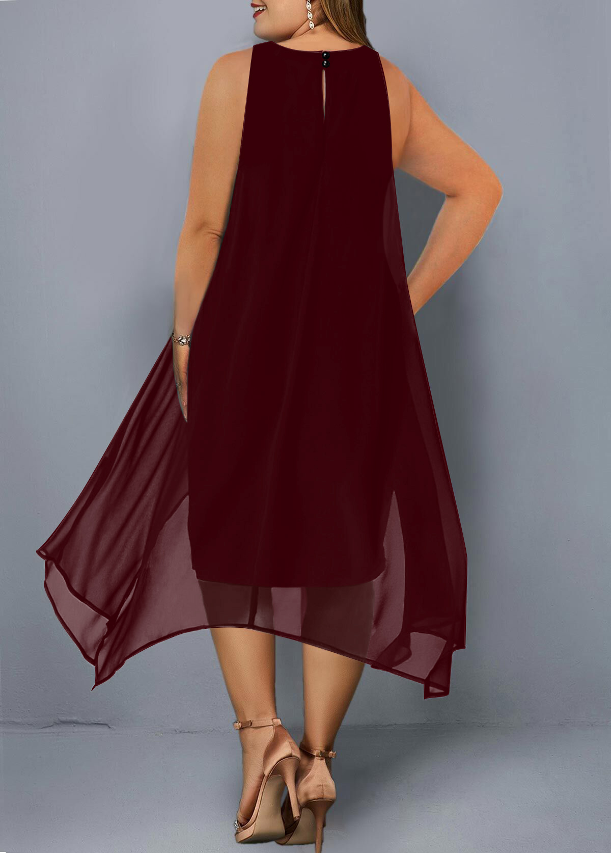 Asymmetric Hem Embellished Neck Sleeveless Plus Size Dress