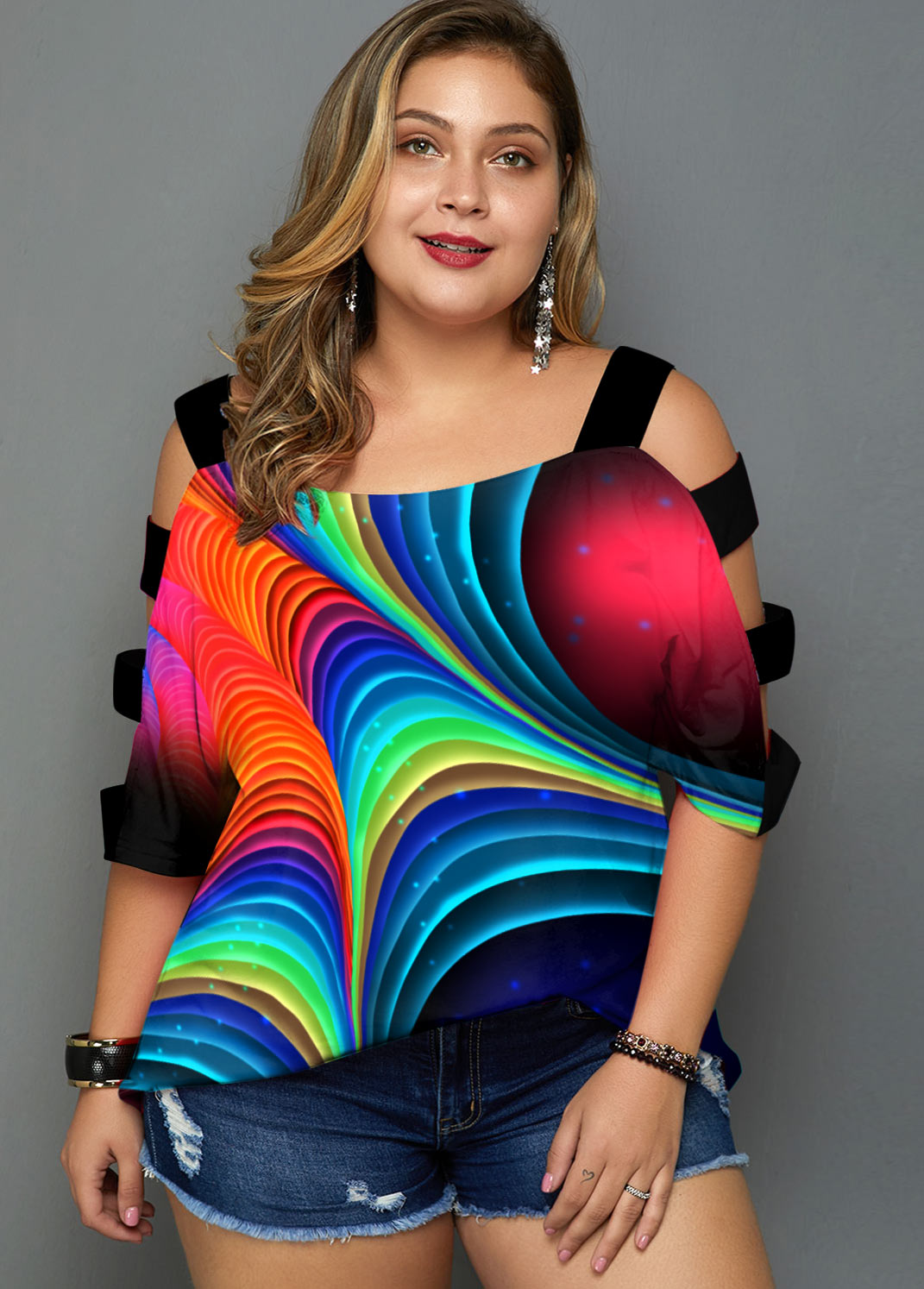 Colorful Printed Ladder Cutout Plus Size T Shirt