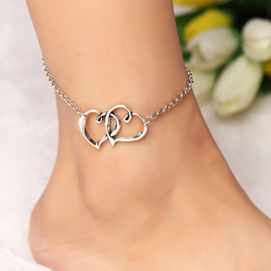 Silver Double Heart Design Metal Detail Anklet