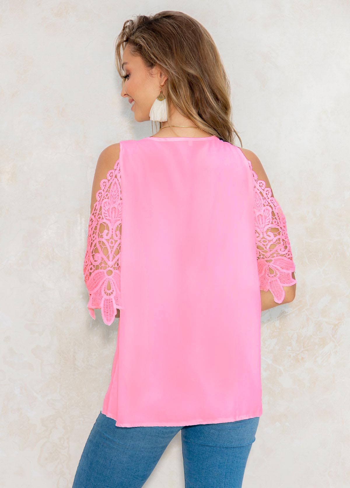 Lace Stitching 3/4 Sleeve Cold Shoulder Blouse 