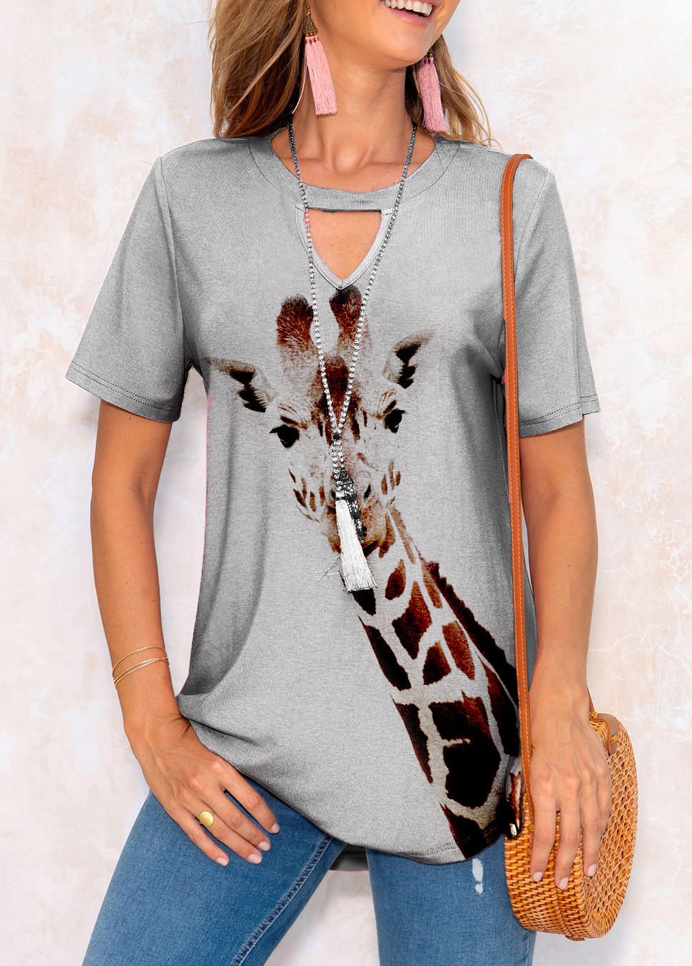 Keyhole Neckline Animal Prints Short Sleeve T Shirt