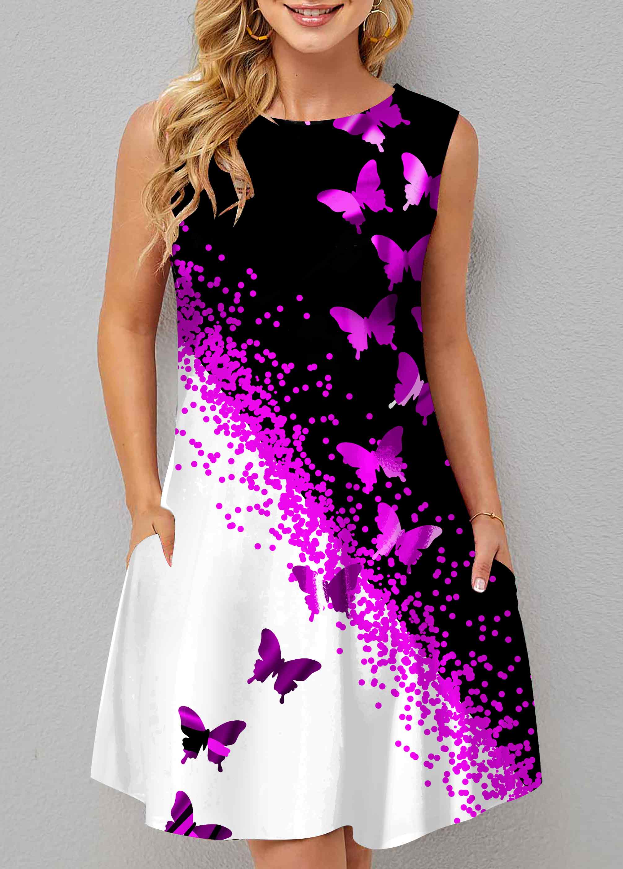 Butterfly Print Contrast Double Pocket Dress 