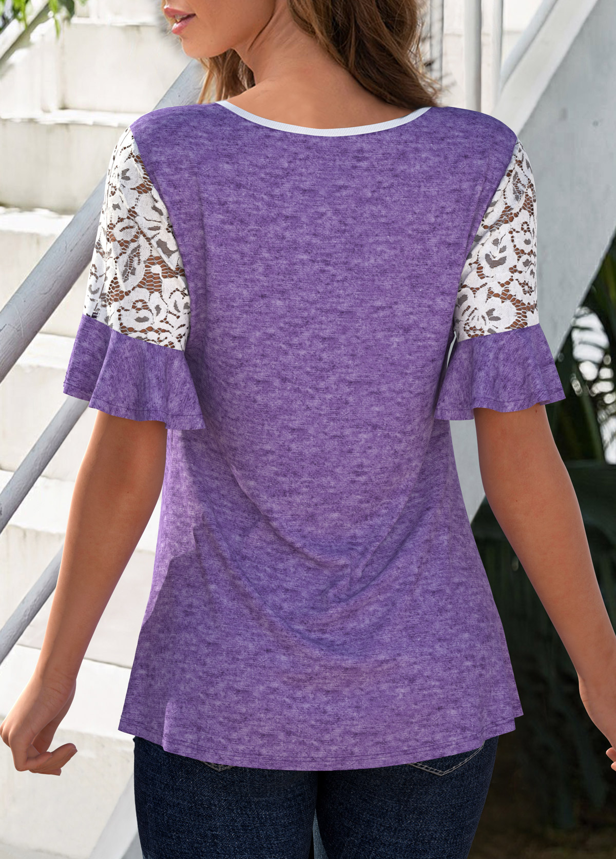 Short Sleeve Lace Patchwork Round Neck T Shirt