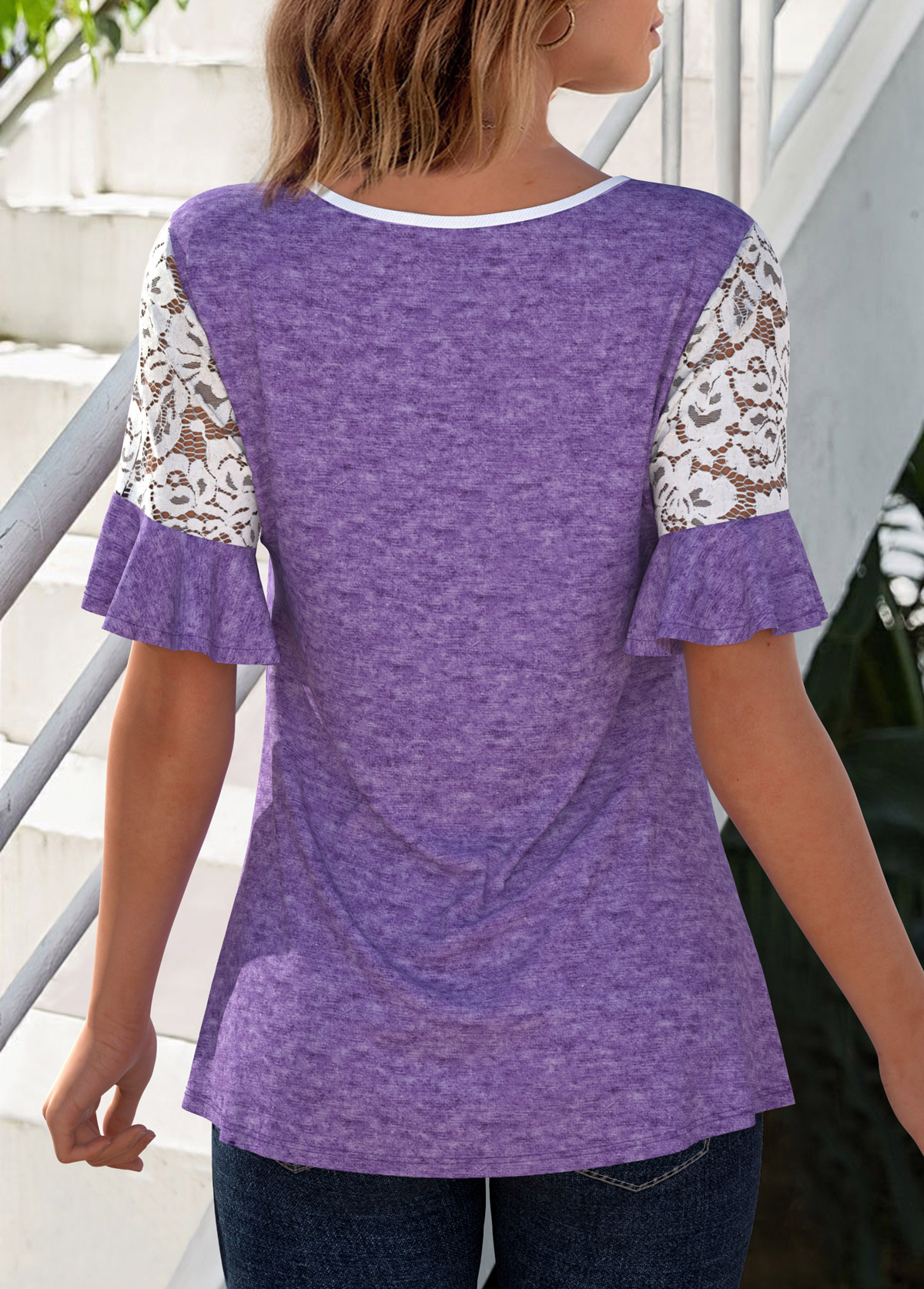 Short Sleeve Lace Patchwork Round Neck T Shirt