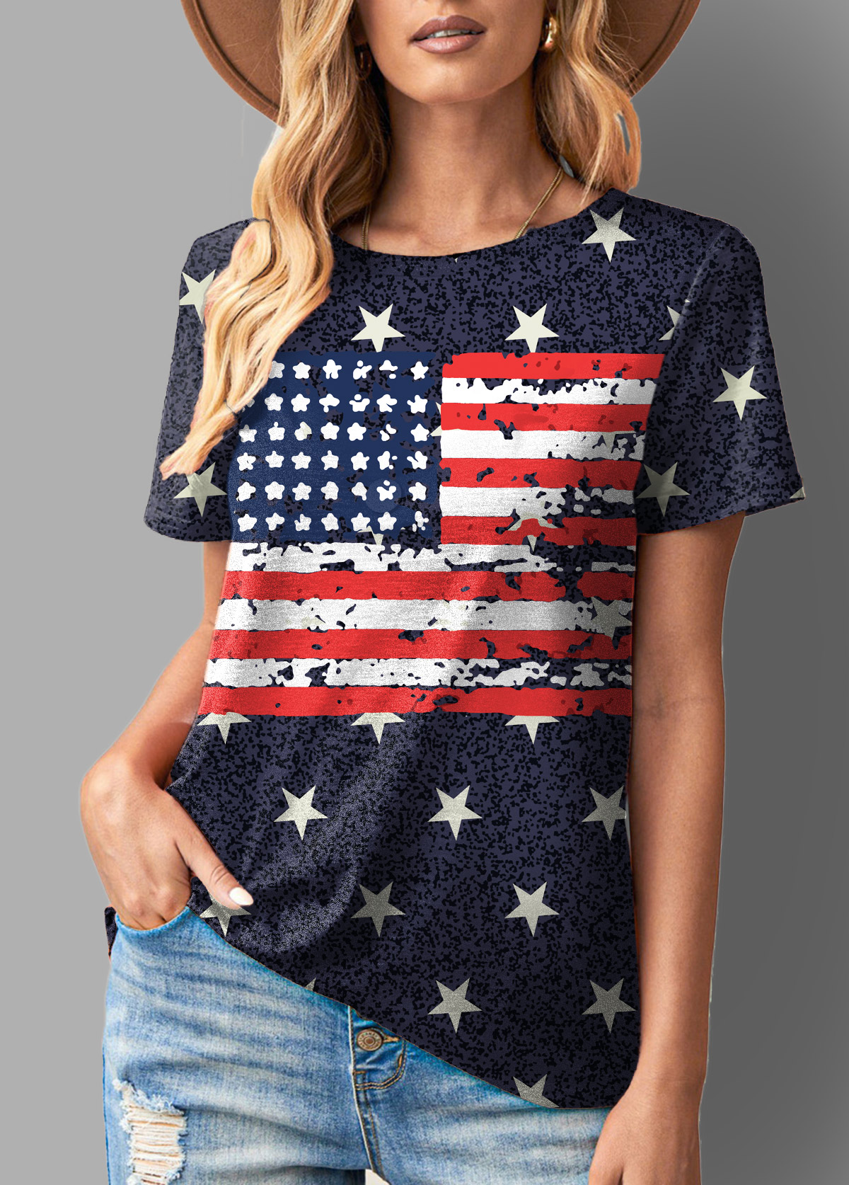 Short Sleeve American Flag Round Neck T Shirt