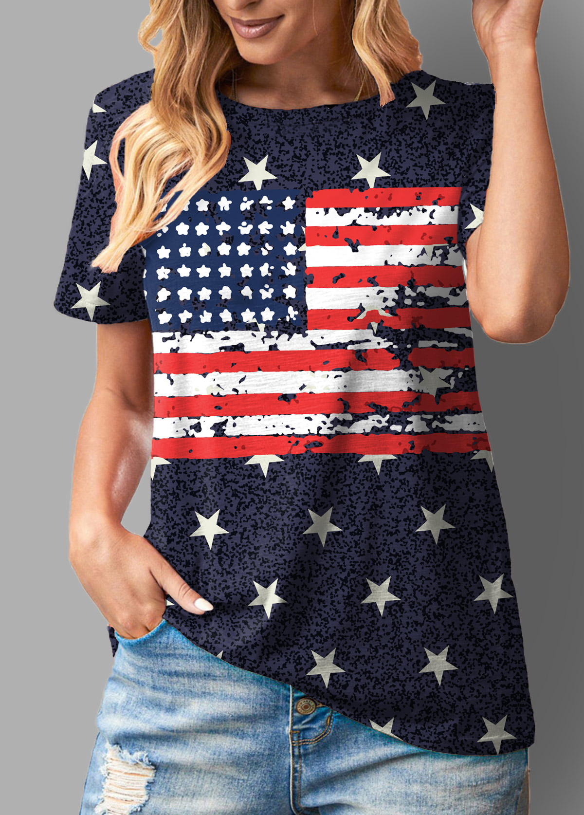 Short Sleeve American Flag Round Neck T Shirt