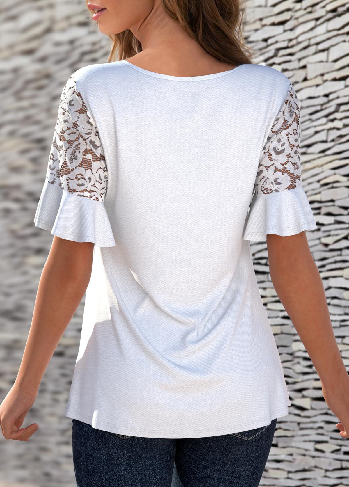 Lace Stitching Round Neck Solid T Shirt