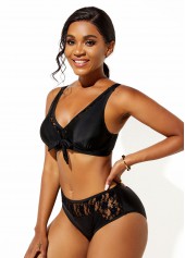 Black Bowknot Detail High Waist Lace Panel Bikini Set