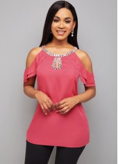 Keyhole Neckline Cold Shoulder Rhinestone Detail Blouse