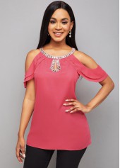 Keyhole Neckline Cold Shoulder Rhinestone Detail Blouse