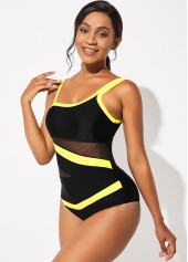 Mesh Panel Wide Strap One Piece Swimwear 