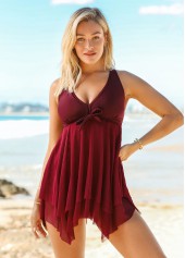 Bowknot Solid Asymmetric Hem Swimdress and Panty