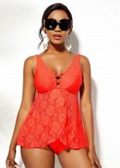 Lace Stitching Spaghetti Strap Cross Strap Tankini Set	
