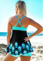 Spaghetti Strap Feathers Print Criss Cross Back Swimdress and Shorts