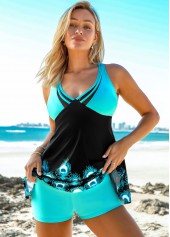 Spaghetti Strap Feathers Print Criss Cross Back Swimdress and Shorts