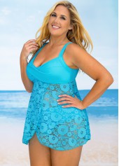 Plus Size Lace Stitching Crossover Hem Swimdress and Panty 