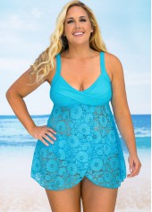 Plus Size Lace Stitching Crossover Hem Swimdress and Panty 
