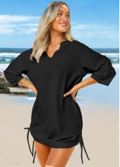 Solid Split Neck Drawstring Side Cover Up
