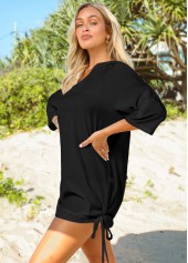 Solid Split Neck Drawstring Side Cover Up