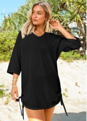 Solid Split Neck Drawstring Side Cover Up