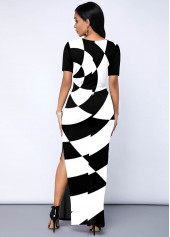 Round Neck Geometric Print Side Slit Dress