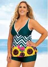 Wide Strap Plus Size Floral and Chevron Print Tankini Set 