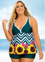 Wide Strap Plus Size Floral and Chevron Print Tankini Set 