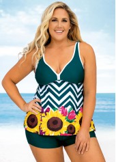 Wide Strap Plus Size Floral and Chevron Print Tankini Set 