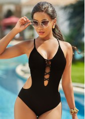 Solid Lace Up Cross Strap One Piece Swimwear