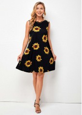 Sunflower Print Round Neck Sleeveless Dress