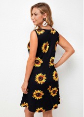 Sunflower Print Round Neck Sleeveless Dress