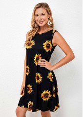Sunflower Print Round Neck Sleeveless Dress